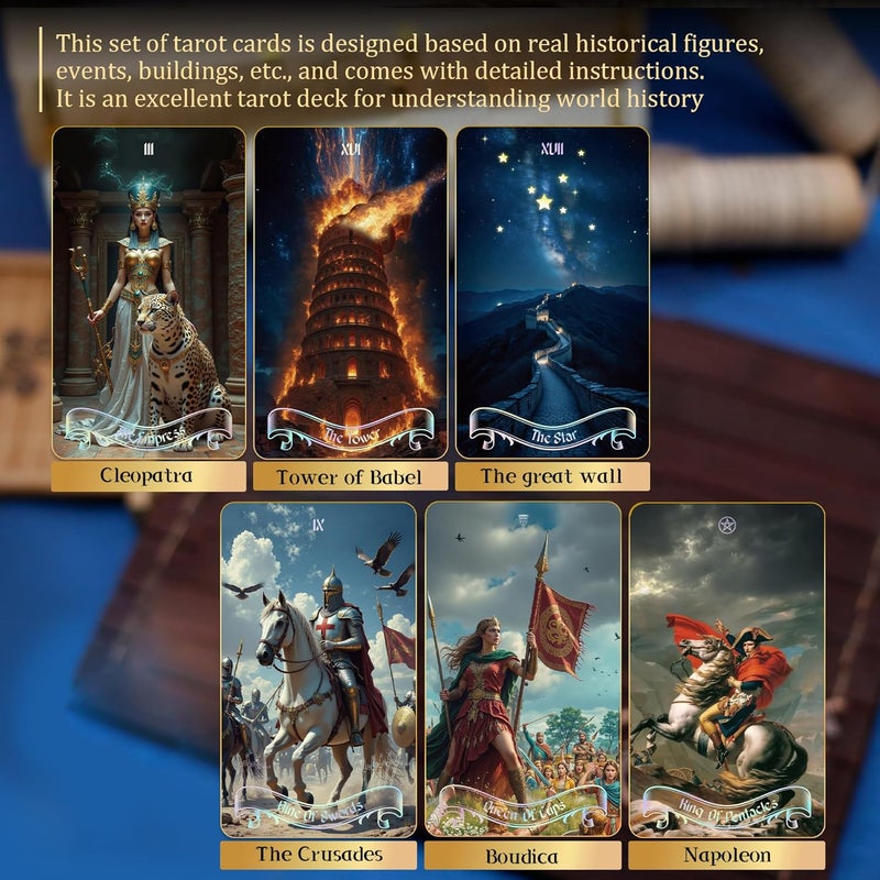 WJPC Gold Foil Edge Tarot Cards with Guide Book Set&Gift Box for Beginner& Expert. Original Design World History of Reverse Laser Gold - Image 4